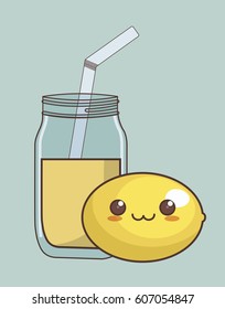 kawaii lemon fruit and glass of juice over blue background. colorful design. vector illustration
