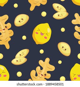 Kawaii Lemon and Ginger seamless pattern. Cute vector illustration. Funny smiling and happy food characters isolated on dark background. Use for decoration, print, children menu. Comic healthy food.