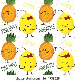 kawaii lemon and pineapple seamless pattern set with face expression on white color background with yellow dots.  vector illustration. Hand drawn lettering with names of fruits. 