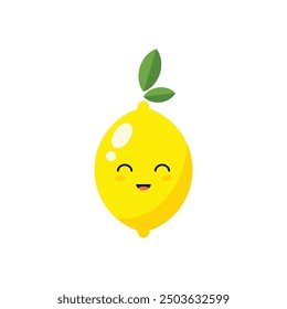 Kawaii lemon vector icon. Flat illustration of ripe yellow citrus fruit - lemon - with cheerful cartoonish face.