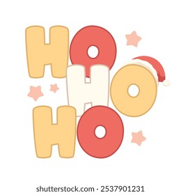 Kawaii lettering of Santa's laughing, ho ho ho on white background. Text with santa hat and stars. Vector illustration