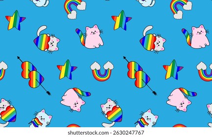 kawaii lgbtq+ cats, rainbow hearts, stars, and clouds pattern on blue, cute pride illustration for kids, fabric, decor