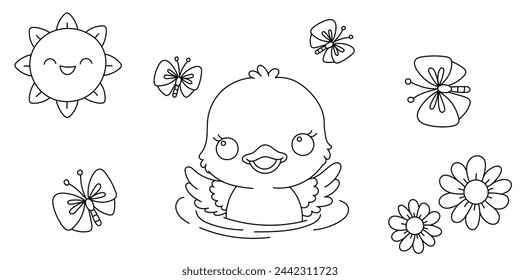 Kawaii line art coloring page for kids. Kindergarten or preschool coloring activity. Cute swimming duckling, flower and butterfly. Outdoor nature life vector illustration
