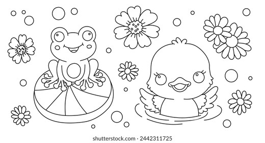 Kawaii line art coloring page for kids. Kindergarten or preschool coloring activity. Cute swimming duckling, flower and frog. Outdoor nature life vector illustration