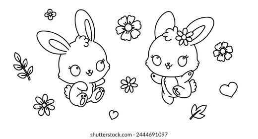Kawaii line art coloring page for kids. Kindergarten or preschool coloring activity. Cute jumping bunnies surrounded by flowers. Kawaii rabbits vector illustration
