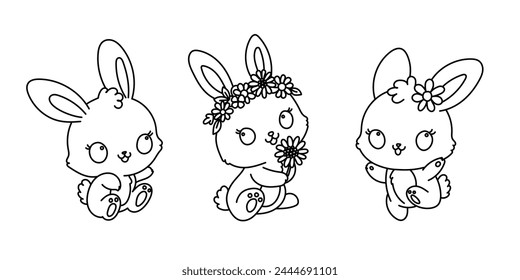 Kawaii line art coloring page for kids. Kindergarten or preschool coloring activity. Cute jumping playful bunnies. Kawaii rabbits vector illustration