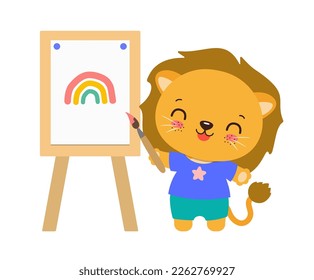 Kawaii lion artist drawing and paint brush   easel  Art studies school subject  Funny student cute cartoon lion  Kawaii animal holding brush standing by the easel   smiling  Art class sign 