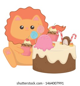 Kawaii of lion cartoon with cake design