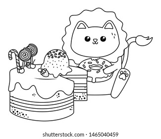 Kawaii of lion cartoon with cake design
