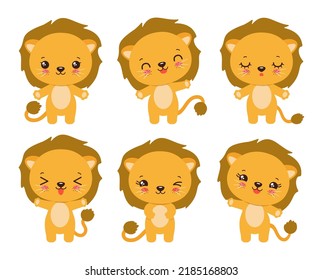 Kawaii lion cub vector illustration. Cartoon baby lion character icon set. Various face expressions. Emoji animal icons - calm, happy, laughing, smiling, waving, winking. Little lion  kawaii style.