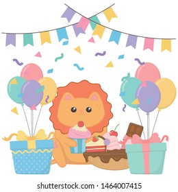 Kawaii lion with happy birthday cake design