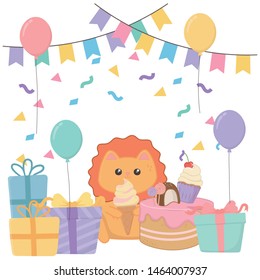 Kawaii lion with happy birthday cake design