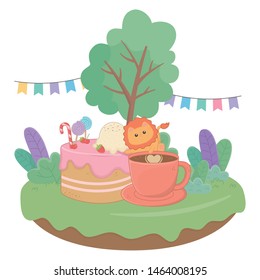 Kawaii lion with happy birthday cake design