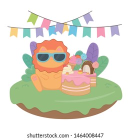 Kawaii lion with happy birthday cake design