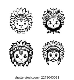kawaii lion head wearing Indian chief accessories collection is here. Hand drawn with love, these illustrations are sure to add a playful touch to your project