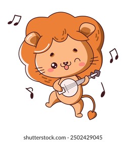 Kawaii lion plays cheerful melody on guitar flat color vector illustration. Lion cub tune brings sense of happiness icon on white background