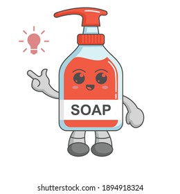 Kawaii liquid soap character cartoon design concept have an idea with lamp icon