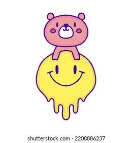 Oso pequeño Kawaii con una sonrisa derretida, el arte del doodle facial, la ilustración de camisetas, pegatinas o prendas de vestir. Con estilo pop moderno.