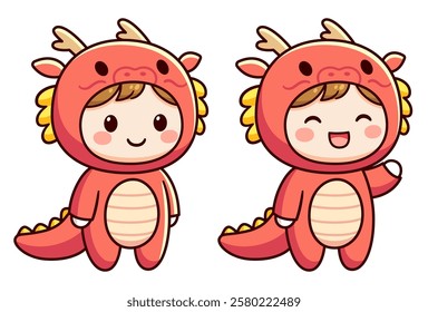 Kawaii little boy in red Chinese dragon kigurumi onesie costume. Cute cartoon character standing and waving, vector clip art illustration.