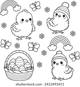 Kawaii little chicks and basket of eater eggs coloring page. Easter colouring book