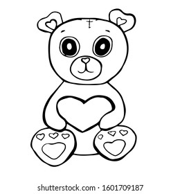 Kawaii little cute bear toy with heart in paws. Hand drawn vector stock illustration of teddy bear animal. Isolated on white background. Valentines day. Romantic concept. Kids. Outline art. Doodle.