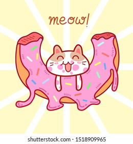 Kawaii little cute cat eat yummy pink donut cartoon vector