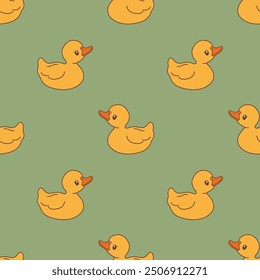 Kawaii Little Duck seamless pattern vector with green back ground 