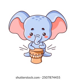 Kawaii little elephant playing drum flat color vector illustration. Adorable wild animal cub adding lively beat to melody on white background