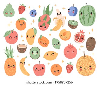 Kawaii little fruits with smiling face cartoon clip art. Cute happy tropical fruit character collection. Magic berries set in flat doodle style. Modern, trendy vector illustration on white background