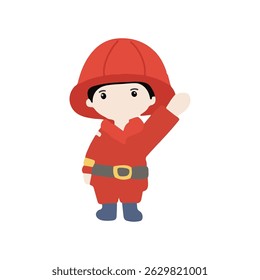Kawaii little kid waring fire fighter costume.