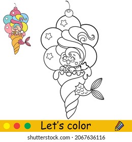 Kawaii little mermaid is sitting in a big ice cream cone and eating a waffle. Coloring page and colorful template for kids education. Vector illustration. For design, t shirt print, patch or sticker.