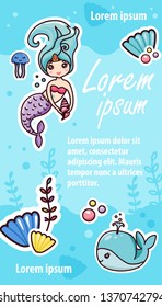 Kawaii Little Mermaid Social Media Network Editable Page Fish Shells Whale Dolphin Cartoon Stories Template Invitational Advertising Promo Text Banner Vector Underwater Bubbles Seaweeds Illustration