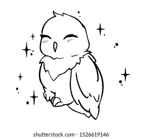 Kawaii little owl with shine sparkles on background. Hand drawn vector sketch doodle illustration for t-shirt print design, coloring book, greeting card. Isolated on white. 