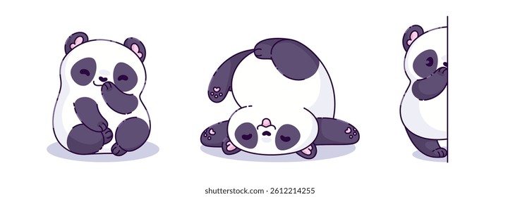 Kawaii little panda bear character in different poses - sitting and smiling with shy emotion, playful tumbling and peeking from behind wall. Cute cartoon Chinese white and black animal for kid design.