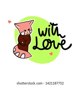 Kawaii little red panda and With love lettering cute vector illustration.