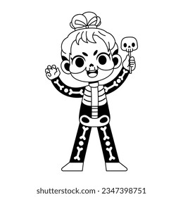 kawaii little skeleton girl cartoon illustration isolated