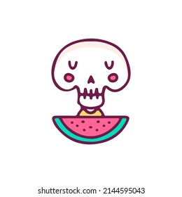 Kawaii little skull with watermelon, illustration for t-shirt, sticker, or apparel merchandise. With doodle, retro, and cartoon style.