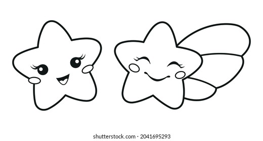 Kawaii little stars coloring page. Outline vector cartoon illustration