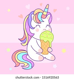 Kawaii little unicorn eating ice cream pastel color