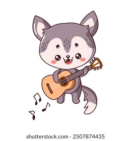 Kawaii little wolf playing guitar flat color vector image. Adorable wild animal strums captivating melody during performance on white background