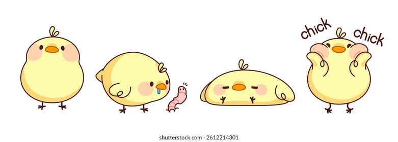Kawaii little yellow chick character set of Easter design - cute farm small bird standing and lying, hungry look with appetite at worm, blushing with pink chicks. Spring holiday funny mascot.