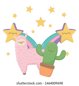 Kawaii of llama with cactus cartoon design