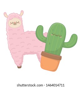 Kawaii of llama with cactus cartoon design
