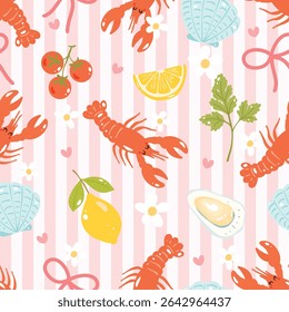Kawaii Lobster Seamless Pattern with Lemon, Shell, and Cherry on Pink Stripes