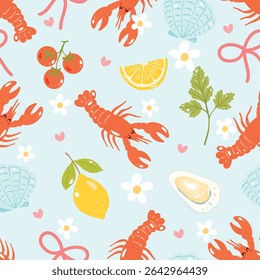 Kawaii Lobster Seamless Pattern with Lemon, Shell, and Cherry on Blue Stripes