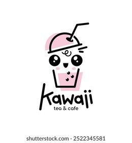 Kawaii logo tea bubble cafe fun character cup