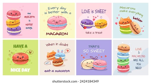 Kawaii macaron cards. French dessert bakery posters with cute macarons characters and slogans vector illustration set. Valentine design with tasty pastry snacks with adorable expressions