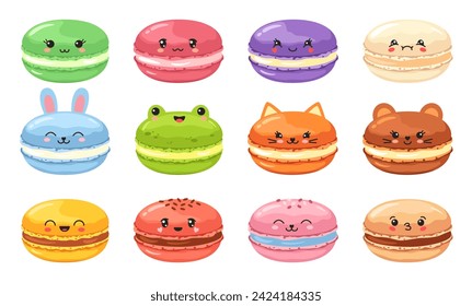 Kawaii macaron. Cute animal macarons, french sweet dessert for childrens menu or bakery marketing design. Vector illustration set. Adorable delicious confectionary, tasty pastry snacks