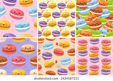 Patrón de Kawaii macaron. Macarones animales, postres dulces franceses y panadería sin fisuras ilustraciones vectoriales. Comida deliciosa con expresiones divertidas, personajes con una sonrisa azucarera