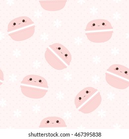 Kawaii macarons seamless pattern. Cute french cookies characters. Pink macarons on pink floral polka-dot background. Vector illustration